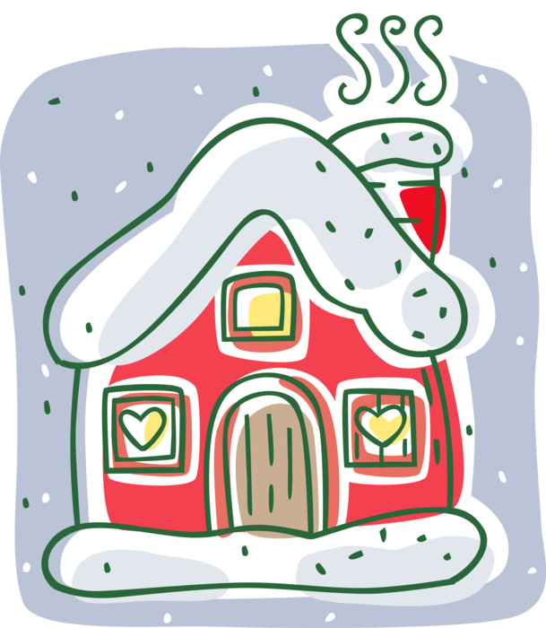 Vector Illustration of Snow Covered Cottage House in Winter at Christmas