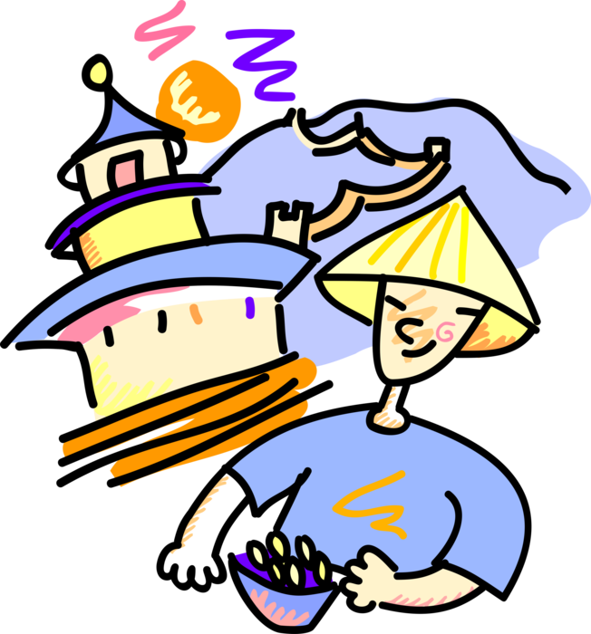 Vector Illustration of Chinese Peasant Eating Rice with Pagoda Temple and Great Wall of China