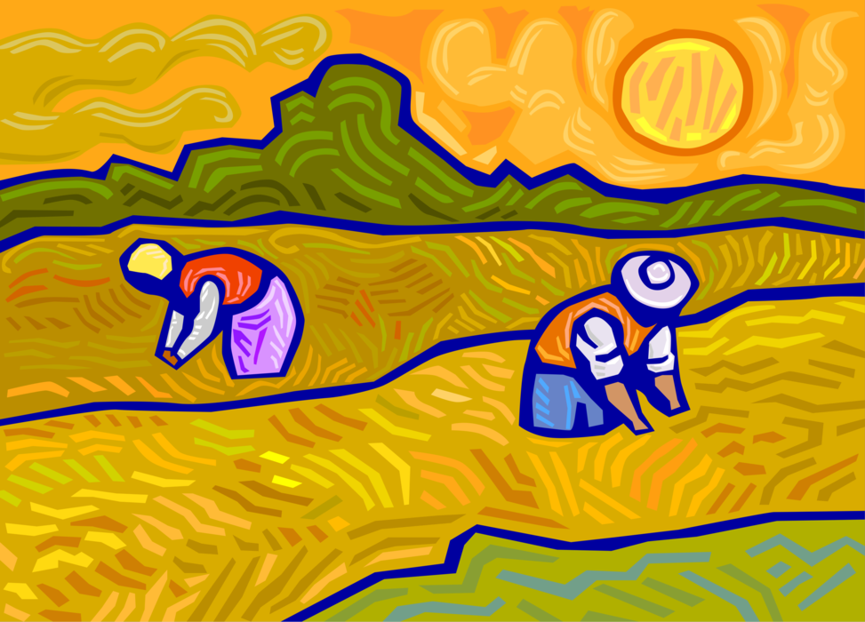 Vector Illustration of Farm Workers Working in the Fields on Farm