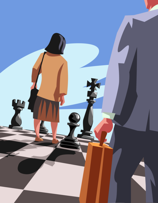Vector Illustration of Business Office Workers Involved as Players in Chess Game