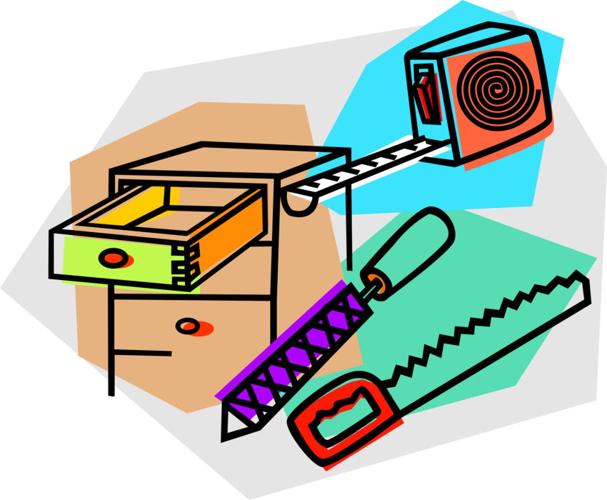 Vector Illustration of Measuring Tape, File, and Hand Saw Tools with Carpentry Wooden Chest of Drawers