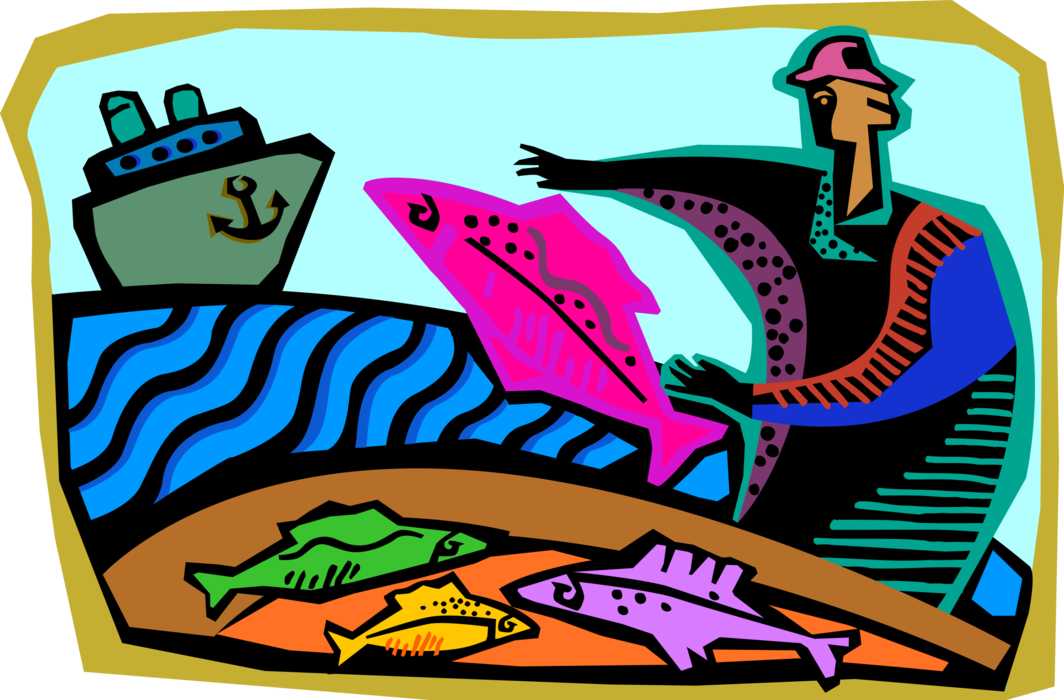 Vector Illustration of Commercial Fishing Industry Trawler Boat with Fisherman Angler and Fish Catch