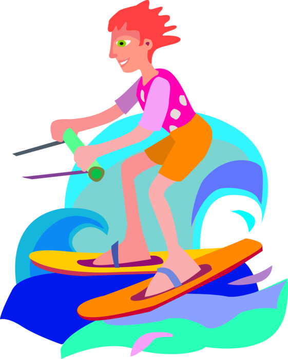 Vector Illustration of Water Skier with Towline on Water Skis Behind Boat