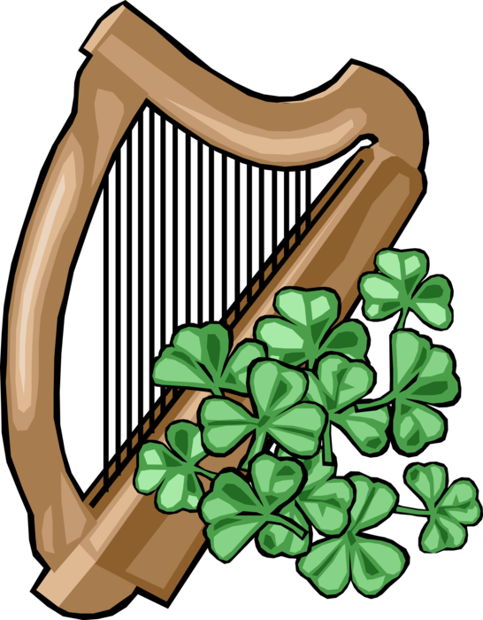 Vector Illustration of St Patrick's Day Clàrsach Gaelic Harp Stringed Musical Instrument with Irish Shamrocks