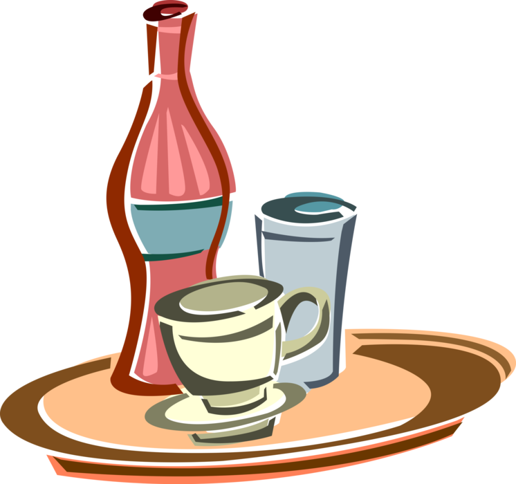 Vector Illustration of Cup of Coffee with Soft Drink Coke Soda Bottle and Glass