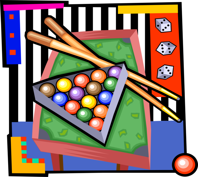 Vector Illustration of Game of Pocket Billiards Pool Table with Pool Balls and Cue Sticks