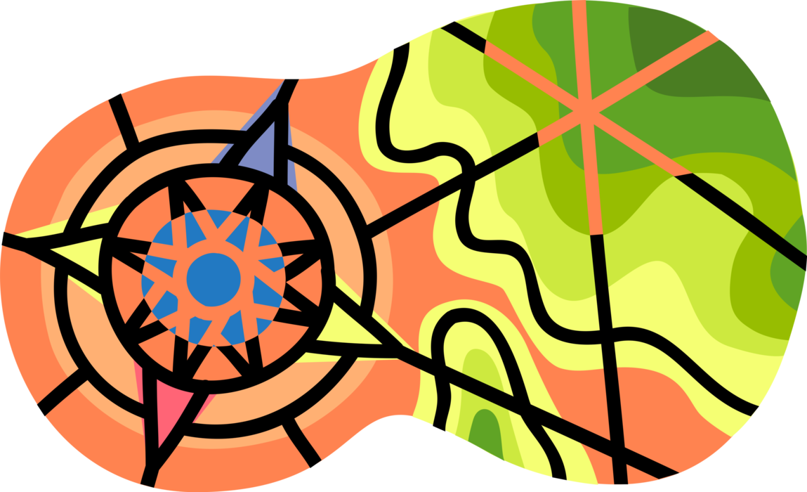 Vector Illustration of Navigational Compass Rose on Contour Map