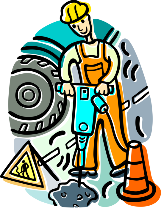 Vector Illustration of Road Crew Construction Worker Operates Jackhammer Pneumatic Drill 