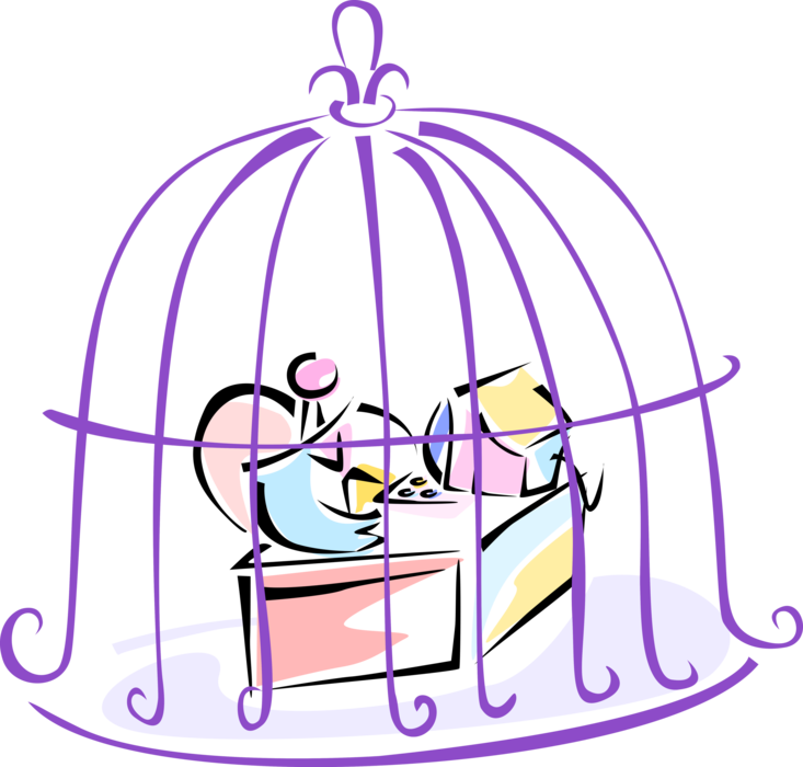 Vector Illustration of Businessman Works at Office Desk in Birdcage