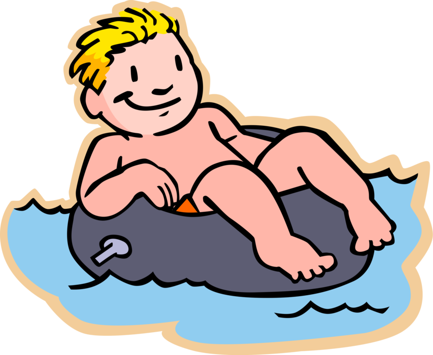 Vector Illustration of Primary or Elementary School Student Boy with Inflatable Rubber Inner Tube Swimming