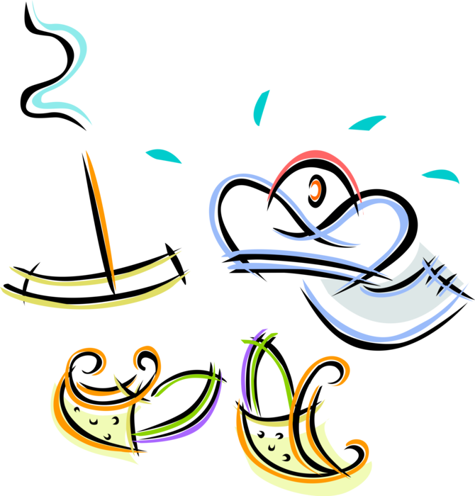 Vector Illustration of East Indian Turban with Khussa Curled Toe Aladdin Slipper and Incense