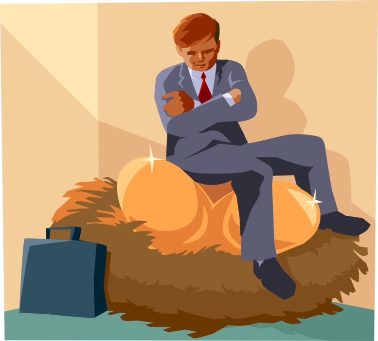Vector Illustration of Broody Businessman Sits on Golden Eggs in Nest Waiting to Hatch His Windfall Bonanza