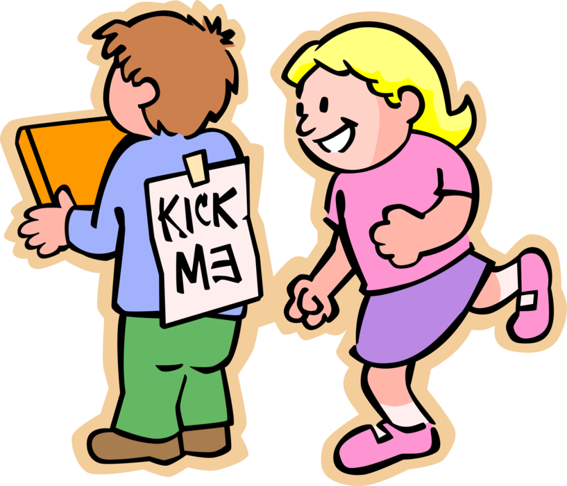 Vector Illustration of Primary or Elementary School Student Girl Reading "Kick Me" Sign on Student's Back