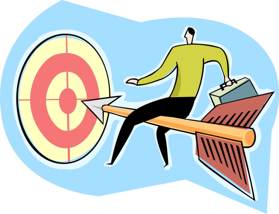 Vector Illustration of Businessman Rides Archery Arrow to Bullseye or Bull's-Eye Target