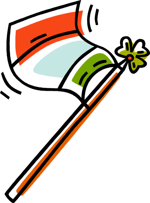Vector Illustration of Irish Flag on Flag Pole with St. Patrick's Day Shamrock