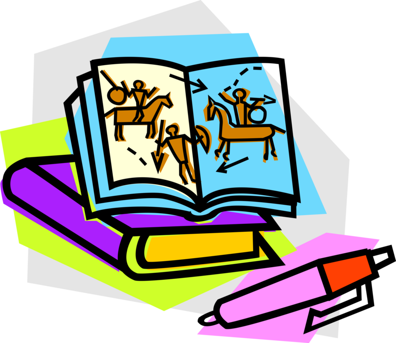 Vector Illustration of School Education History Lesson in Classroom with Textbooks and Pen