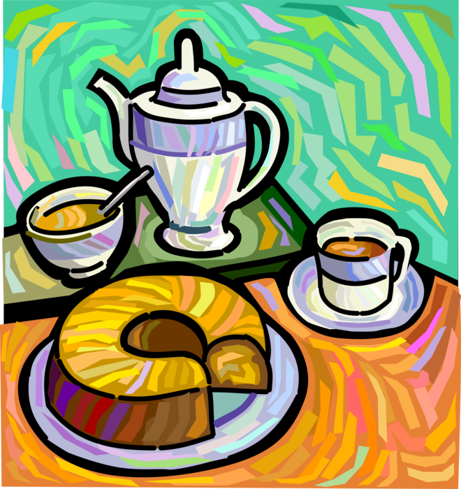 Vector Illustration of Coffee Pot, Cup of Coffee and Baked Dessert Coffee Cake