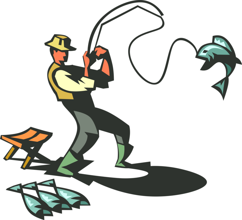 Vector Illustration of Sport Fisherman Angler with Fishing Rod Catches Fish
