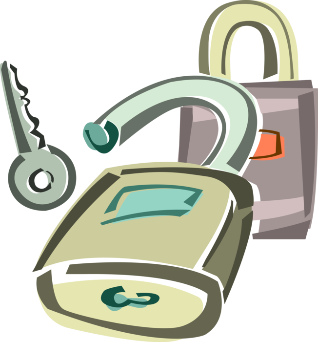 Vector Illustration of Padlock Lock and Key Mechanical Security Device to Prevent Use, Theft, Vandalism