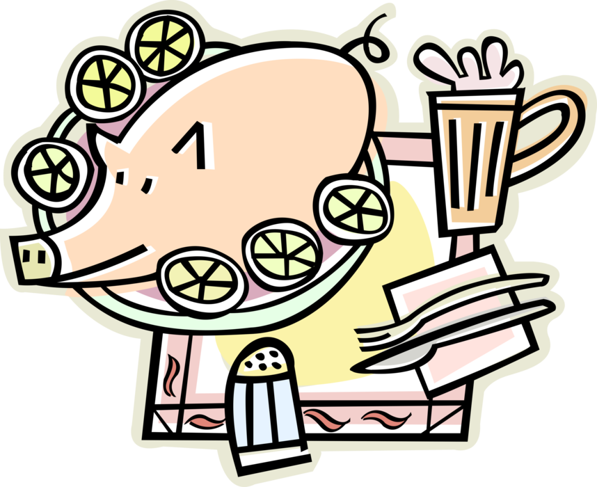 Vector Illustration of Roast Pork Pig Dinner on Platter with Beverage and Utensils