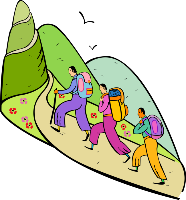 Vector Illustration of Hikers with Backpacks Hiking Up Mountain Outdoor Wilderness