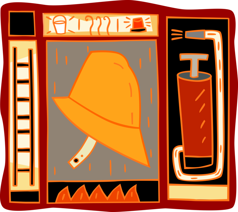Vector Illustration of Firefighter Hat, Ladder, Fire Extinguisher