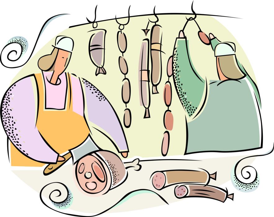 Vector Illustration of Meatmarket Butcher Cuts Pork Smoked Ham Shank with Cleaver into Ham Steaks