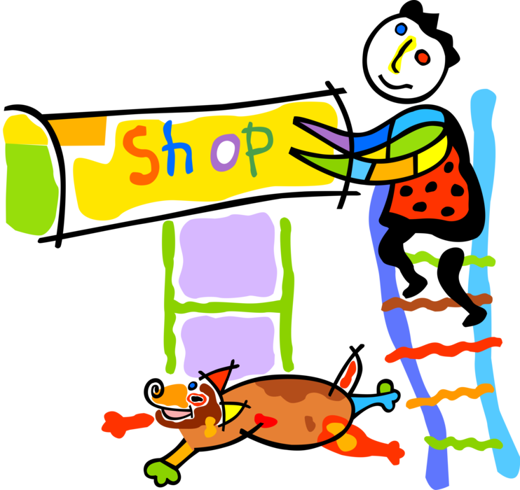 Vector Illustration of Retail Shop Owner on Ladder Erects Storefront Sign 
