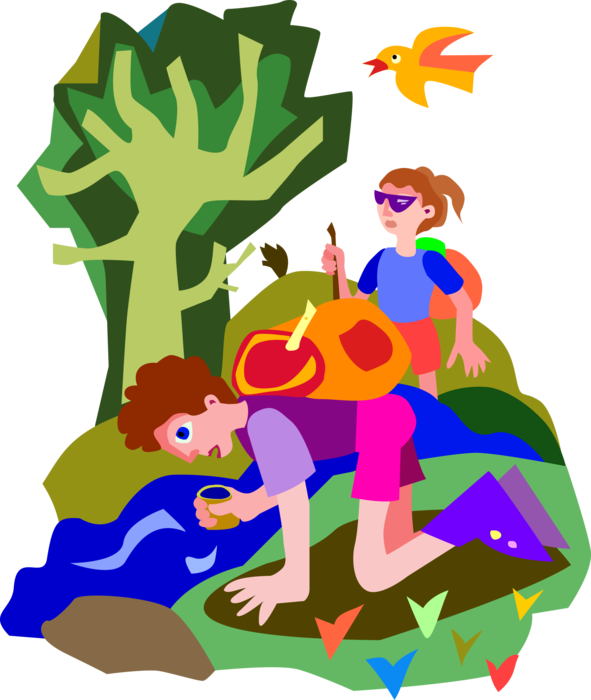 Vector Illustration of Hikers Hiking in Forest Stop for Refreshing Drink of Natural Spring Water