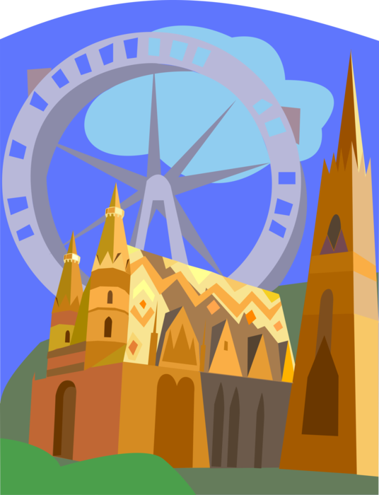 Vector Illustration of St Stephens Cathedral, Vienna, Austria with Der Wiener Prater Ferris Wheel