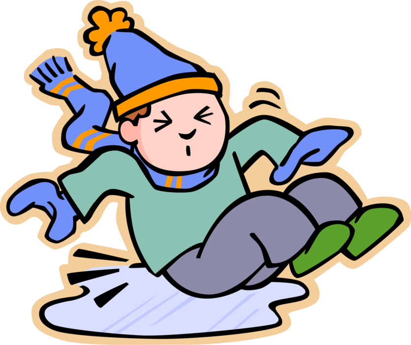 Vector Illustration of Primary or Elementary School Student Boy Slips and Falls on Ice in Winter