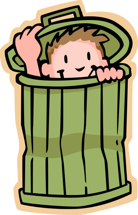 Vector Illustration of Primary or Elementary School Student Boy Hides in Garbage Can