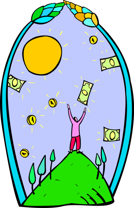 Vector Illustration of Cash Money Windfall Bonanza Dollars Falling from Heaven