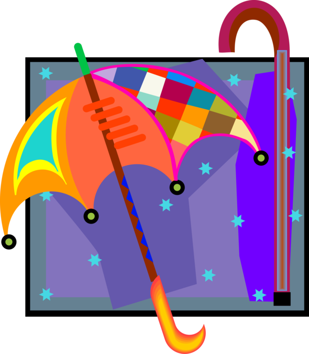 Vector Illustration of Umbrella or Parasol Rain Protection and Walking Cane