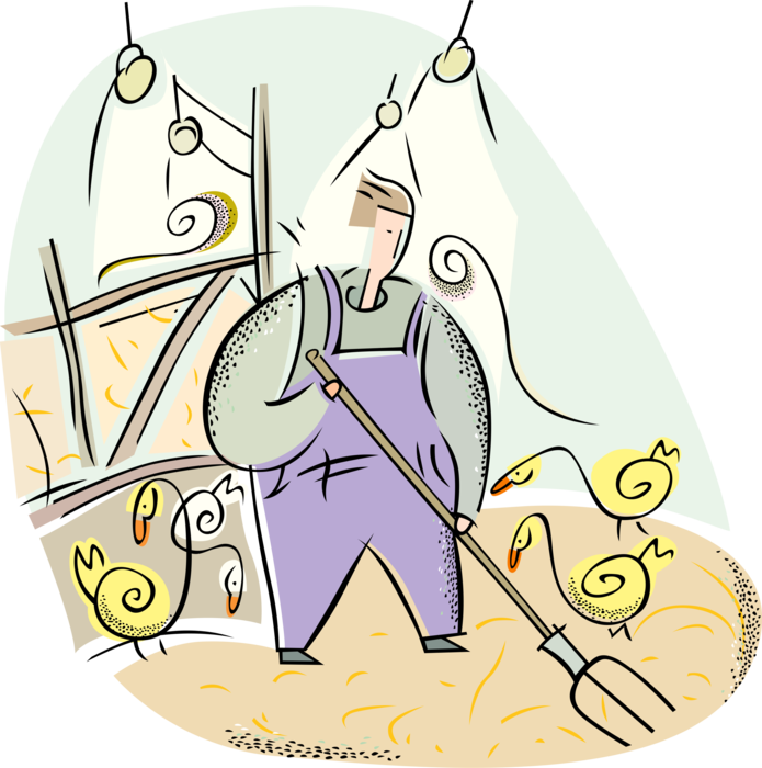 Vector Illustration of Farmer with Pitchfork Cleans Henhouse and Barn on Farm