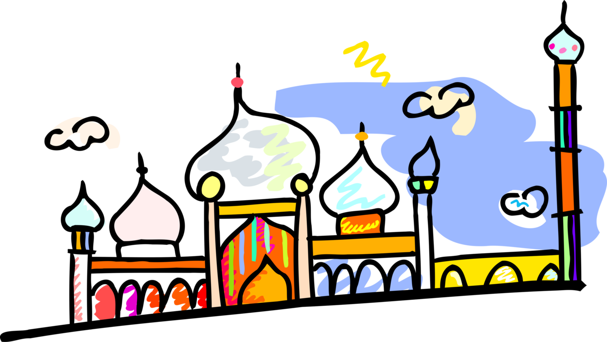 Vector Illustration of Mosque Place of Worship for Islam with Minaret Towers Calling Muslims to Prayer