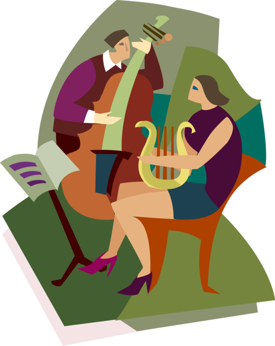 Vector Illustration of Musicians Playing Lyre Harp and Bass Violin or Double Bass Musical Instruments