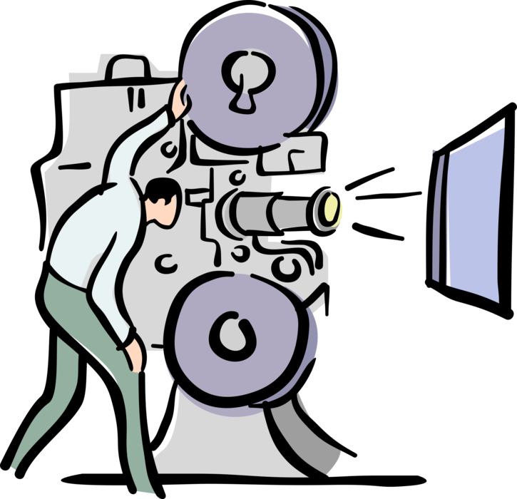 Vector Illustration of Cinema Movie Theatre or Theater Projectionist Operates Movie Projector