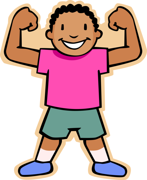Vector Illustration of Primary or Elementary School Student Strong Boy Showing Off Muscles