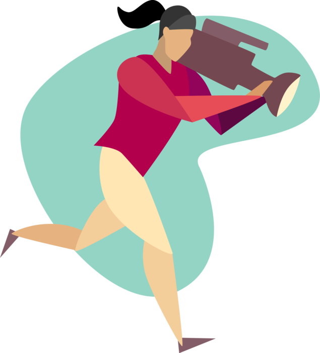 Vector Illustration of Camerawoman Running with News Camera
