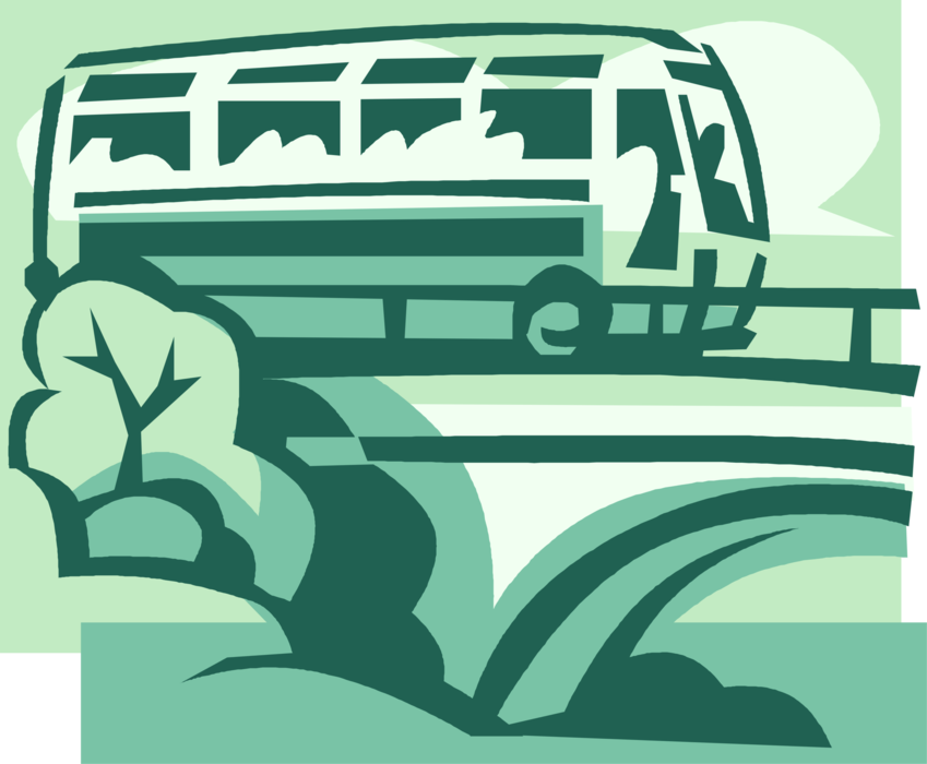 Vector Illustration of Tourists on Vacation Ride Tour Bus Touring Motor Vehicle