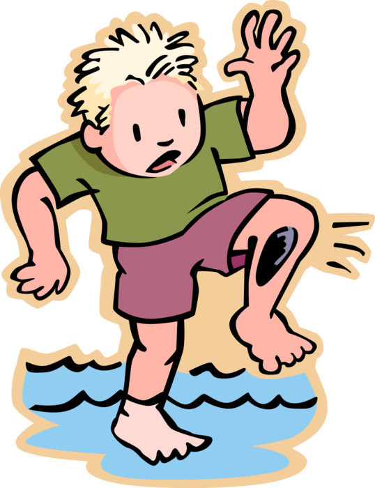 Vector Illustration of Primary or Elementary School Student Boy Swimming Discovers Leech Blood Sucker Worm on Leg