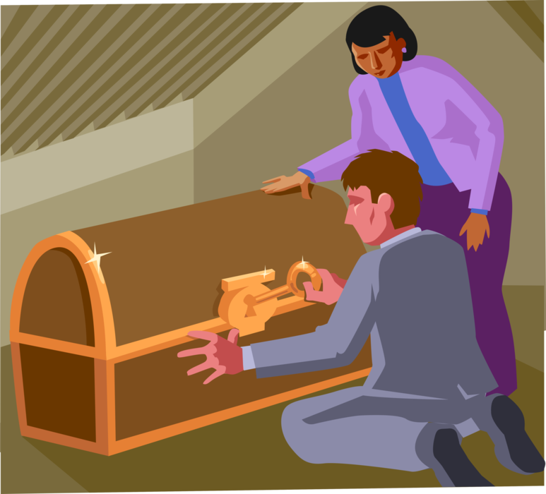 Vector Illustration of Opening Treasure or Hope Chest in Attic with Key