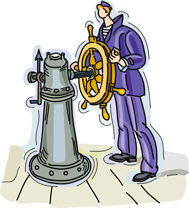 Vector Illustration of Helmsman Steers the Ship's Helm Wheel or Boat's Wheel to Change Vessel's Course