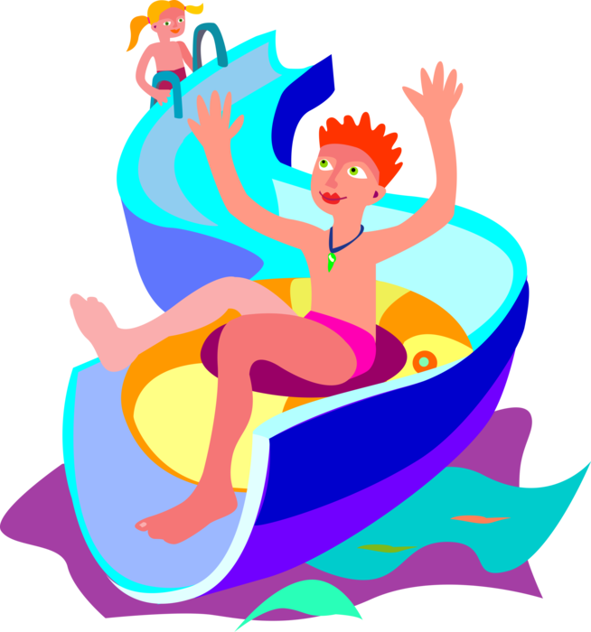 Vector Illustration of Tubing and Sliding Down Water Park Slide in Summer