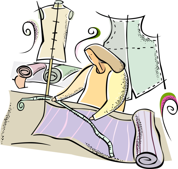 Vector Illustration of Fashion Apparel Designer Dressmaker Seamstress Measures Fabric with Garment Patterns