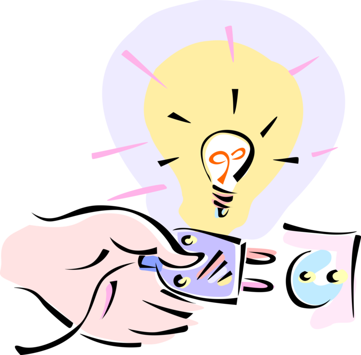 Vector Illustration of Hand Plugs in Electric Cord to Turn on Light Bulb