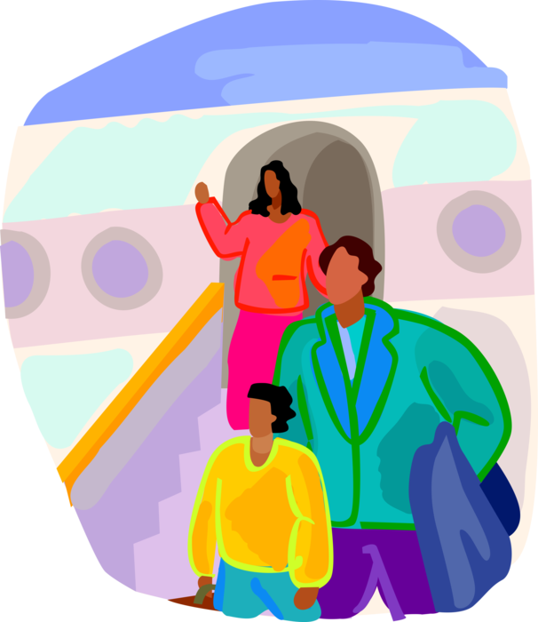 Vector Illustration of Airline Passengers Arrive at Travel Destination De-Plane, De-Boards, or Disembarks from Airplane