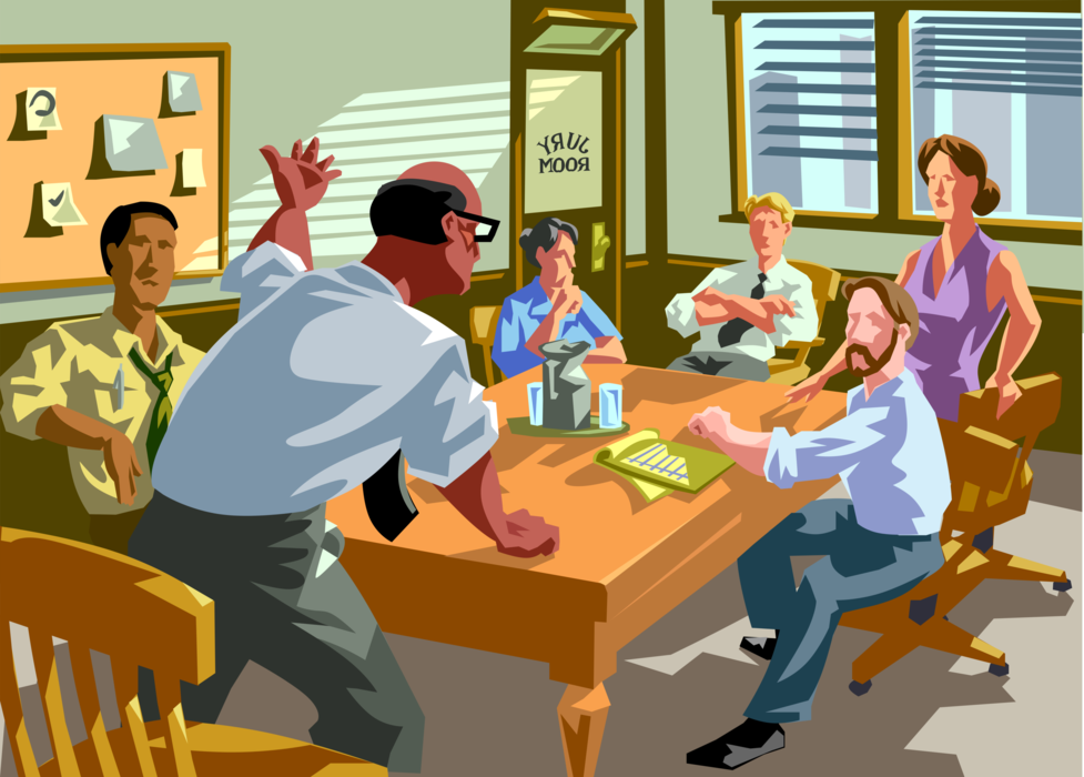 Vector Illustration of Jury Room Deliberations as Jurors Discuss Court Evidence to Reach Verdict in Legal Case