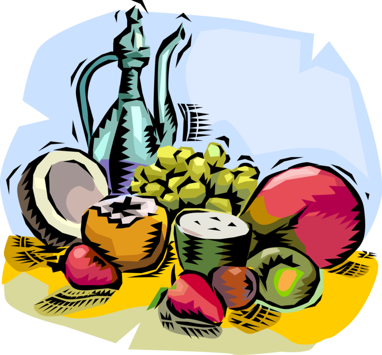 Vector Illustration of Assorted Fruit Grapes, Mango, Coconut with Fruit Juice in Class Pitcher